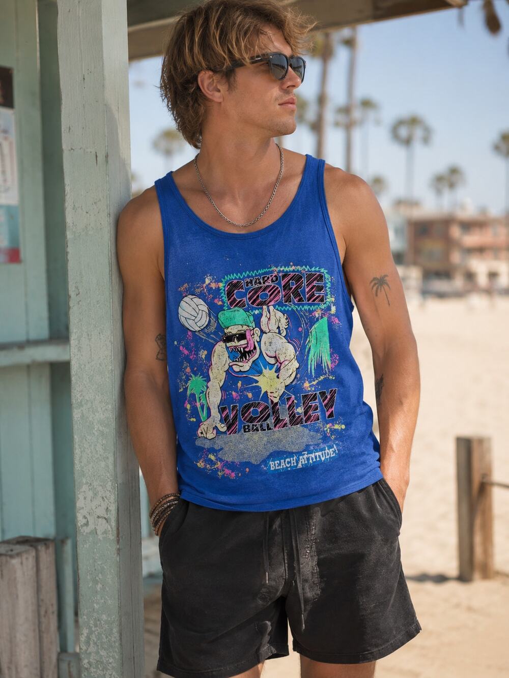 Vintage 1991 Hard Core Volleyball Tank Top Neon Surf Skate Graphic Thrashed M/L